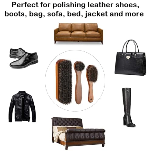 Shoe Brush Set - Horsehair Brush for Shoe Shine Polish Buff - 3 Pcs Shoe Polish Dauber Applicator Brushes + 1 Pcs Shoes Polish Cloth Glove