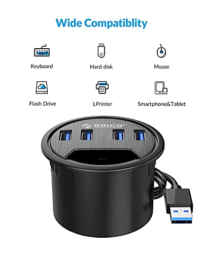 ORICO Hub Usb da tavolo, Hub USB 4 in 1 con 4 USB 3.0 (5Gbps) per foro di diametro 60 mm e altezza 4,7 mm (nero) - Immagine 1