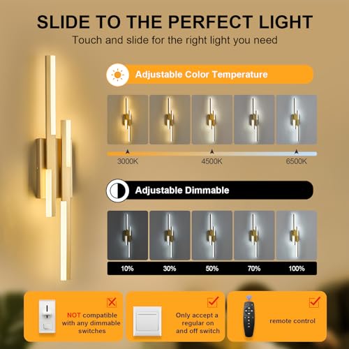 Image of Benkut Modern LED Wall Sconce Gold Remote Wall Light Fixtures for Bathroom, Dimmable Vanity Light Indoor LED Remote Wall Sconce for Bedside Bedroom Living Dining Room (27.6inch 3000-6500K 1 Pack)