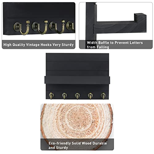 Wood Key Mail Holder Wall-Mounted - Key Holder with 5 Vintage Key Hooks, Key Holder for Wall Decorative, Rustic Key Hanger, Key Rack for Leash, Mail Holder with Shelf for Entryway, Office, Black