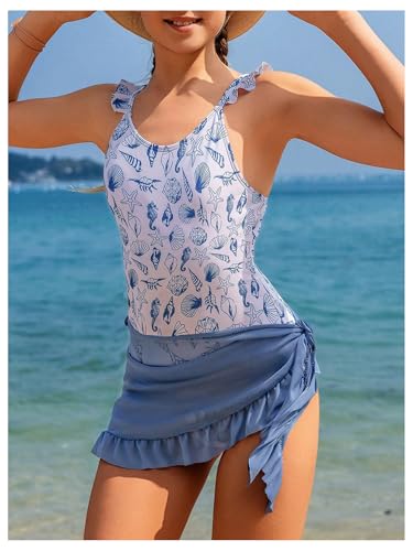 Girl's Graphic Ruffle One Piece Swimsuit Scoop Neck Bathing Suit Vacation Swimwear with Cover Up Skirts3