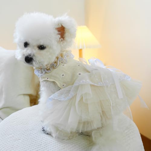 Image of HDKUW Small Dog Dress, Girl Puppy Lace Princess Skirt Tutu Dress with Bowknot,Chihuahua Yorkie Clothes Outfit for Birthday Wedding Party Beige Daisy XS