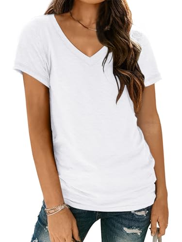 AUTOMET Womens Summer Tops School Outfits Short Sleeve Casual V Neck T Shirts Tees Tunic Fashion Trendy Comfy Clothes 2025 White M