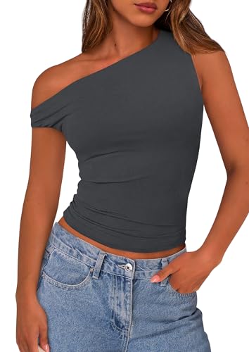 PRETTYGARDEN Women's Off The Shoulder Tops 2025 Summer Crop Top Trendy Casual Fitted Cute Going Out Tshirts Shirts (Dark Grey,Medium)