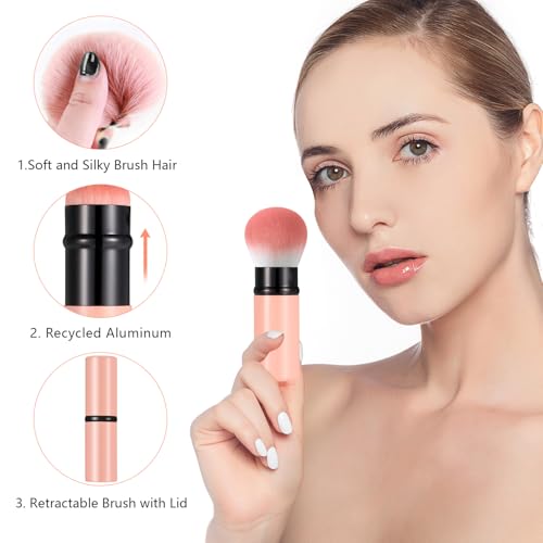 Image of Falliny Retractable Kabuki Makeup Brush, Travel Face Blush Brush, Portable Powder Brush with Cover for Blush, Bronzer, Buffing, Flawless Powder Cosmetics