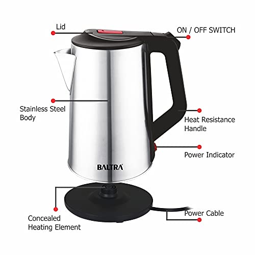 Image of BALTRA Eager Electric Cordless Kettle 1500 Watt 2.5 Ltr Capacity with Stainless Steel Body, Automatic Power Off, Concealed Heating Element, Heat Resistant Handle, Travel Friendly Electric Kettle