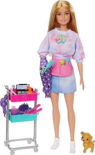Barbie Stylist Doll & 14 Accessories Blonde Barbie Malibu Fashion Doll On-set with Cart Smock Makeup Palette Pet Puppy & More