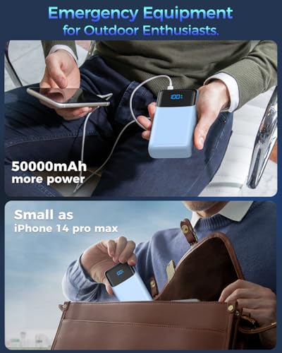 Image of Portable Charger 50000mAh Power Bank, USB-C PD 30W Fast Charging, High Capacity External Battery Pack for Camping, Portable Phone Charger for iPhone 17 /16 /15 /14 /13 /12 /11 Samsung Android (Sky Blue)