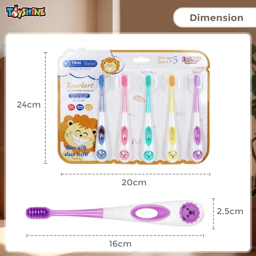 Image of Spanker Pack of 5 Children's Cute Soft Bristle Toothbrush with Fine Bristles | Lion Handle & Pressure-Reducing Design for Good Cleaning Effect Manual Toothbrush For Kids 3-12yrs