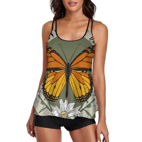 Tankini Maillot de Bain 3 Pièces Papillon Brun avec Short de Bain et Robe Plage
