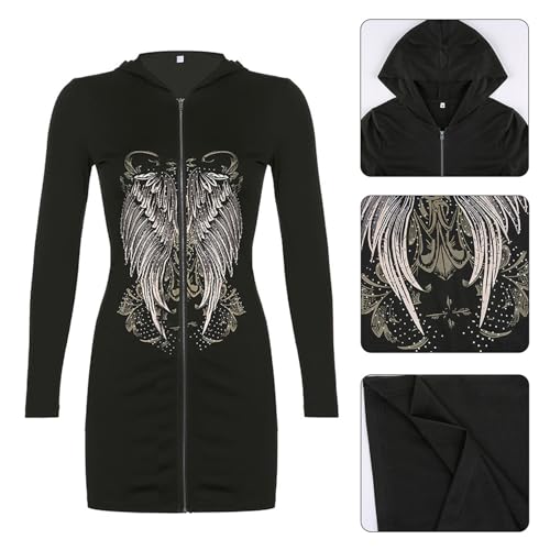 Ralondbey Hoodies Herbst Winter Langarm Sweatshirt Frauen Gothic Punk Reißverschluss Hoodies für Jacke Mini Bodycon Kleid Harajuku Vintage Engelsflügel Druck Paket Hüfte Sweatshirt Slim Cardigan