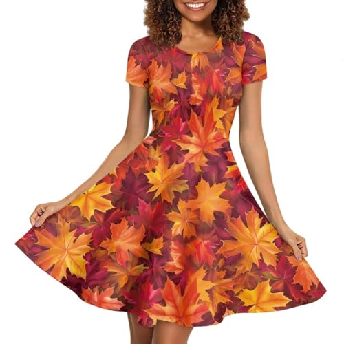 Image of POLERO Women Puffy Swing Elegant Party Midi Dresses Short Sleeve Round Neck A-Line Dress