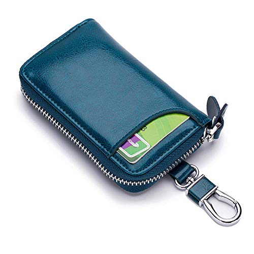 SagaSave Premium Leather Car Key Case Mini Car Key Holder Keyring Zipper Bag Keychain Case Wallet Purse Unisex (Blue)