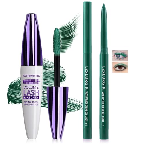LZXLUKGIR Green Mascara and Eyeliner Set,Natural Curling Green Mascara for Eyelashes,Volumizing...