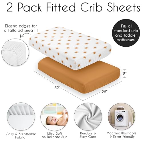 Image of Sweet Jojo Designs 2-Piece Baby Crib Sheets Set (White and Orange Boho Sun) for Girls, Infant Nursery, Toddler Room - Standard Size (Solid Rust & Celestial, Desert, Sunshine, Outdoors, Nature)