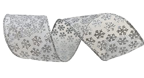 Image of Sheer Silver Snowflakes Christmas Ribbon - 2 1 /2 inch x 10 Yards, Wired Ribbon, Glitter, Gift Wrapping, Wreath, Gift Basket, Bows, Winter Decor