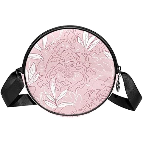 Round Sling Bag Small for Women, Fashion Crossbody Bag Shoulder Bags Handbag with Adjustable Straps Peony Flower Grey Pink Cover