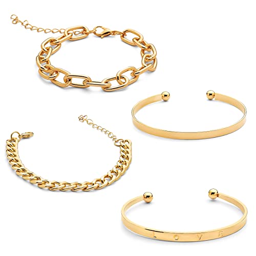 Image of 14K Gold and Silver Plated Layered Bracelet Sets, 4 Pieces, Adjustable Layered Link Bracelets Sets, Stainless Steel, no gemstone