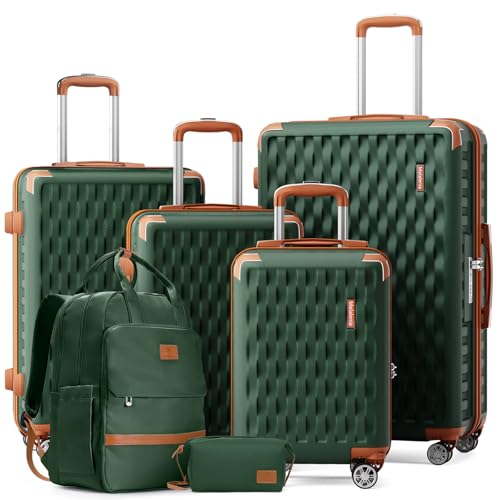 Image of Melalenia Suitcase Sets 6 Piece Hard Shell Carry on Luggage with Spinner Wheels and TSA Lock, Lightweight Travel Backpack for Women, Green Brown