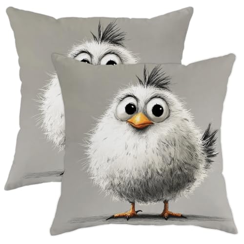 Cute Cartoon Bird Pillow Covers Set of 2, Soft White Feathered Throw Pillow Case, Fun Decorative Cushion Covers for Kids Room Sofa Couch 16x16 Inch