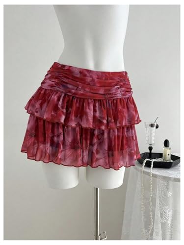 Verdusa Women's Y2K Ruched Floral Mesh Skirt Party Club Layered Ruffle A Line Mini Skirts2