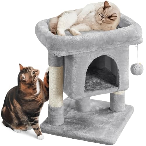 Yaheetech Árbol Rascador para Gatos Torre 3 Niveles 40,5 x 40,5 x 59 cm Centro de Actividad con Plataforma Condominio y Bola Colgante ‎Gris Claro