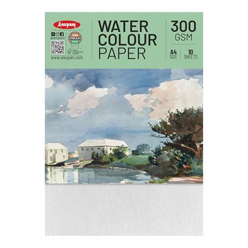 Image of Anupam Professional Watercolour Paper | A4 (30X21CM) 300 GSM Cold Pressed Paper |Acid-Free 10 Sheets| Ideal for Artist, Professional Drawing, Painting Dry & Wet, Fine Art, School, Students