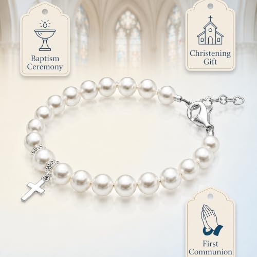 Image of Baptism Jewelry Gifts | White Pearl Bracelet | Sterling Silver Cross Charm