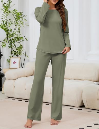 Image of KCW Womens Pajamas Sets 100% Cotton 2 Piece Lounge Set Long Sleeve Tops and Pants Soft Pjs Sleepwear with Pockets