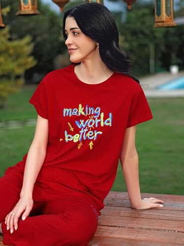 Image of ZEYO Night Suit for Womens Typography Printed Cotton Night Dress of Top and Wide Bottom Pyjama