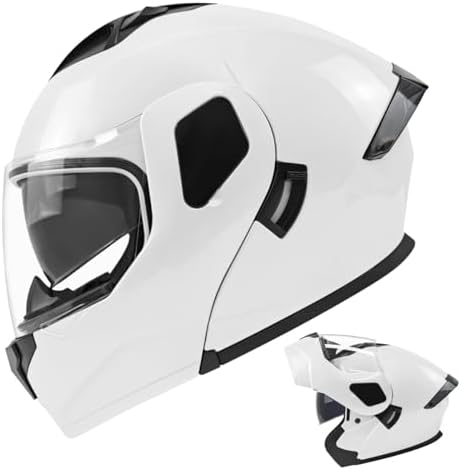 TTMiku Pearl White Motorcycle Dual Visor Flip Up Modular Full Face Helmet, Unisex Adult Integrated ATV UTV Snowmobile Street Dirt Bike Casco, DOT Approved, Small