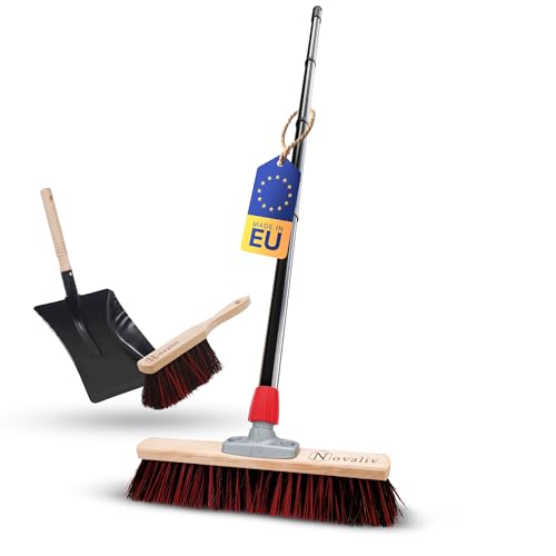 Novaliv Balai de rue avec manche de 40 cm - Poils Arenga-Elaston avec balai galvanisé avec lèvre en caoutchouc composé d'une pelle et d'une balayette - Idéal pour jardin, terrasse, cour, écurie