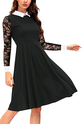 Lace Sleeve Dresses Women Wednesday Addams Dress Pater Pan Collar Fit and Flare Skater Cocktail Dresses M