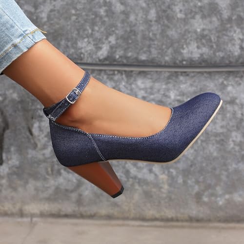 Alyaafifa High Heel Ankle Strap Denim Pumps for Women Closed Round Toe Chunky Heel Mary Janes Comfortable 3 Inch Dress Shoes with Bowknot Party Event Office Working Prom4