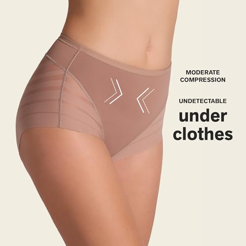 Image of Leonisa High Waisted Invisible Tummy Control Shapewear for Women - Stripe Lace Ladies Underwear Panties