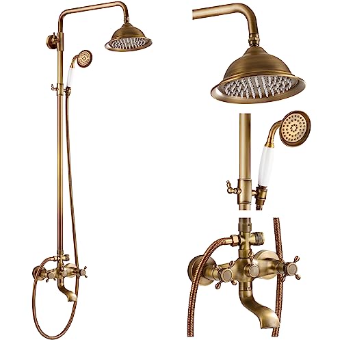 gotonovo Bathroom Exposed Shower Faucet Outdoor Shower System 8 Inch Rainfall Shower Head Set with Tub Spout and Handheld Spray Double Cross Handles Wall Mount without Shower Shelf Antique Brass