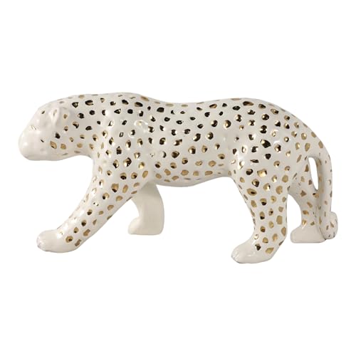 Escultura decorativa de leopardo caminando 8" blanco y dorado miniatura 6
