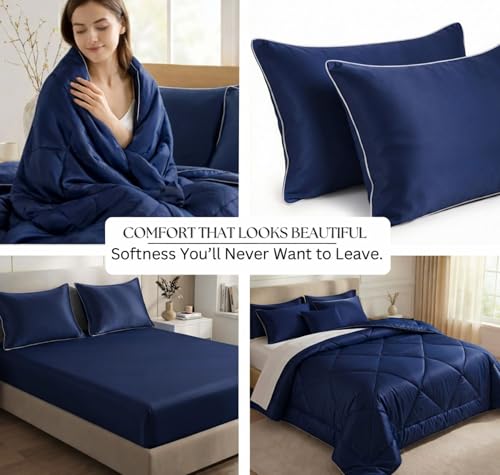 Image of SANMARINO Satin Silk Comforter Set for Double Bed - 300 TC Premium Satin Bedsheet with Pillow Covers, Luxury Complete Bedding Set, Soft Silky Finish, Bedroom Home Furnishing Gift Set - Sapphire Night