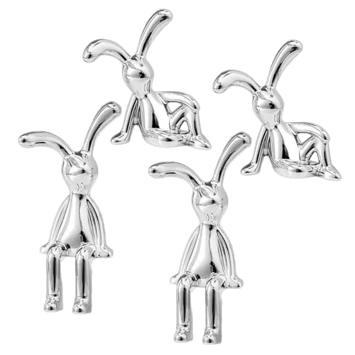 MUCKLILY Figuras de Conejo Plateadas 4 Piezas, Figuras de Conejo Sentado y Lateral de Plástico para Decoración del Hogar, Estantes y Escritorio, Adornos DIY Pequeños para Sala de