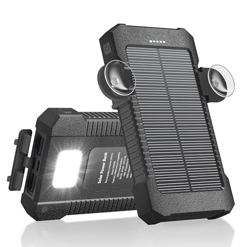 Solar Power Bank 26800mAh with Suction Cup Mount Power Bank 3 USB Ports with Torch Continuous Light/SOS/Strobe Waterproof Outdoor External Battery for Phones (black)