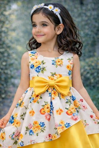 Image of Buy & Try Girl's Satin Floral Printed Frock Knee Length Short Frocks Dress.