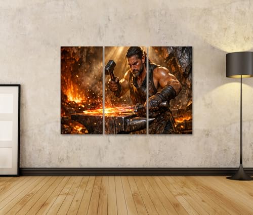Tableau sur toile forgeron héroïque déco murale salon triptyque aventure 3 pièces
