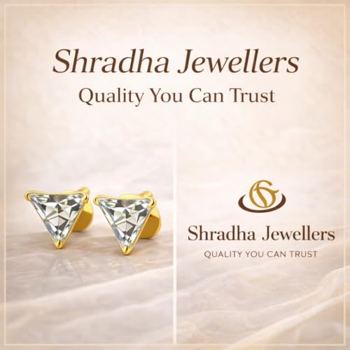 Image of Shradha Jeweller's One Gram Gold Plated Earrings for Women, Single Stone Earring set Tops, Triangle Shape White American Diamond Studs, for Gift, Birthday and Anniversary