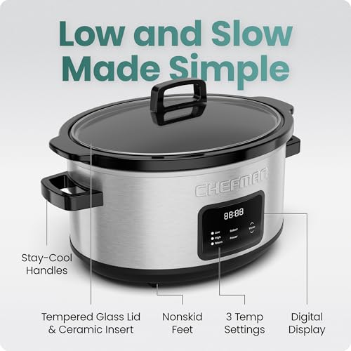 Chefman Slow Cooker 7 Quart, Large Family Size Programmable Digital Slow Cooker with 24-Hour Timer, Low, High & Warm Settings, Ceramic Crock, Tempered Glass Lid, Dishwasher-Safe, Stainless Steel - image 6