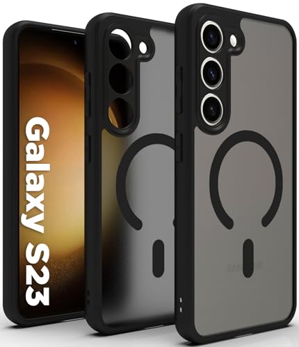 Image of RIGGEAR Shockproof Sleek Hybrid Armor Upgraded C-Shaped Magnetic Back Cover Case Compatible with MagSafe Accessories for Samsung Galaxy S23 (Smoke Black Matte PC + Black TPU Bumper)