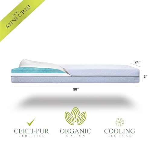 Image of Organic Cotton Dual-Sided Mini Crib Mattress, 38x24x3 Premium Memory Foam 2-Stage CertiPUR-US Hypoallergenic Baby Mattress Firm Support for Infant Cooling Gel for Toddler Waterproof & Washable Cover