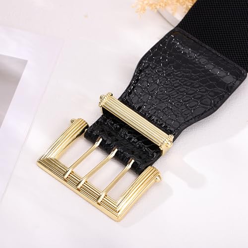 Wide Elastic Waist Belt for Women Ladies Black Crocodile Pattern with Gold Buckle Stretchy Cinch Belt for Dress 6