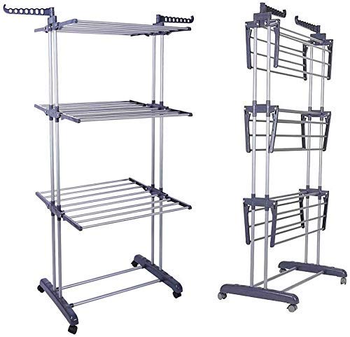 Greensen Clothes Horse 3 Tier Clothes Airer with wheels, Heavy Duty Indoor Clothes Horse Dryer Portable Clothes Drying Rack Free Standing Folding Clothes Hanger for Indoor Outdoor, 170 x 76 x 50cm