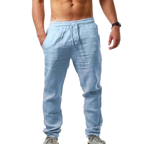 Mens Casual Cotton Linen Pants, Elastic Waist Loose Fit Lightweight Trousers Yoga Golf Beach Jogger Sweat Pants2
