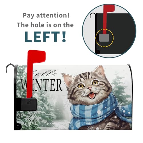 Image of Hello Winter Cat Mailbox Cover Magnetic Large Size 25.5 inchx21 inch Winter Snow Pine Tree Mail Box Covers Winter Christmas Kitten Mailbox Wrap Magnetic Snowy Post Letter Box for Outside